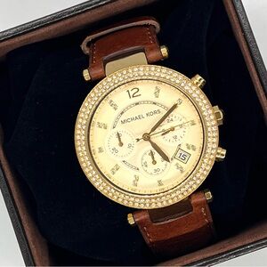 Michael Kors MK2249 Gold Tone Chronograph Watch Crystal Bezel w/ Box